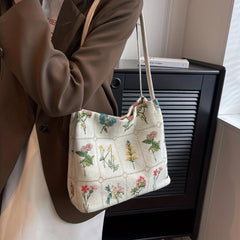 Colorful Flower Embroidered Tote Bag Canvas Shoulder Handbag