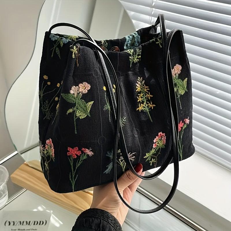 Colorful Flower Embroidered Tote Bag Canvas Shoulder Handbag