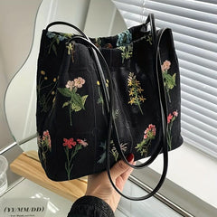 Colorful Flower Embroidered Tote Bag Canvas Shoulder Handbag