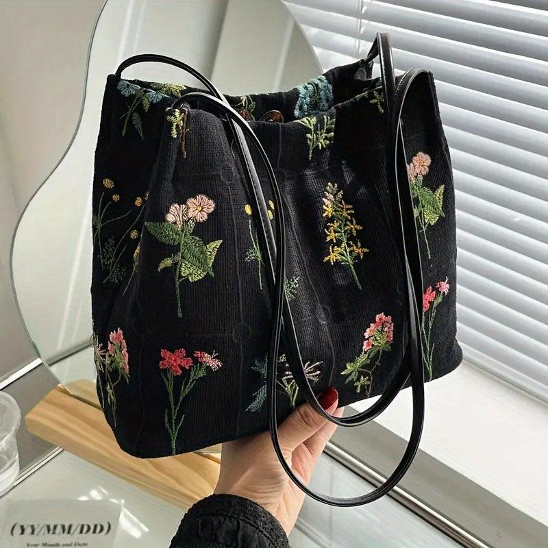 Colorful Flower Embroidered Tote Bag Canvas Shoulder Handbag
