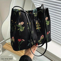Colorful Flower Embroidered Tote Bag Canvas Shoulder Handbag