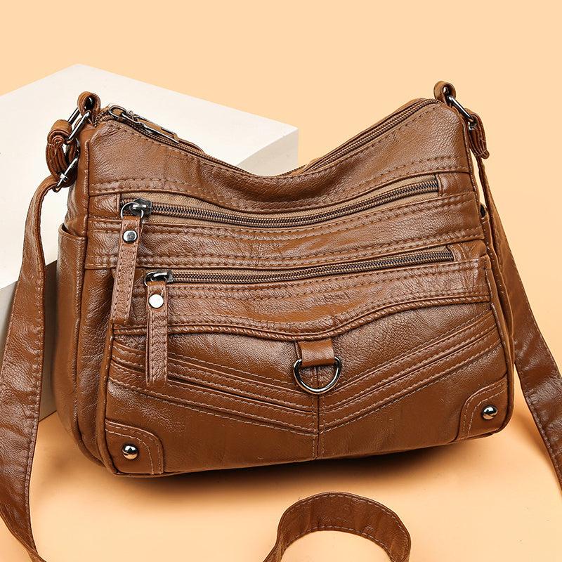 Studded Decor Shoulder Bag Zipper Purse Women's Soft Leather Crossbody Bag
