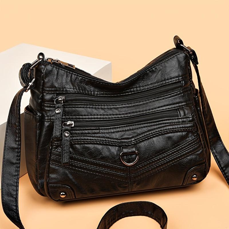 Studded Decor Shoulder Bag Zipper Purse Women's Soft Leather Crossbody Bag