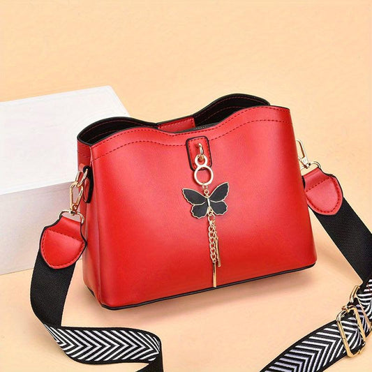 Butterfly Pendant Shoulder Bag Wide Strap Bucket Bag