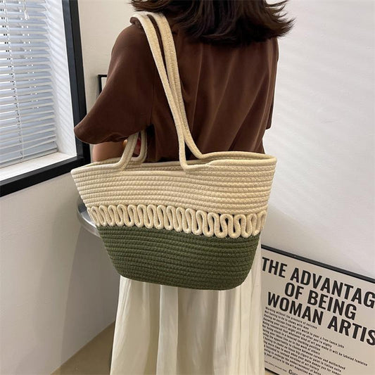 Colorblock Tweed Woven Shoulder Bag Large Capacity Straw Beach Handbag