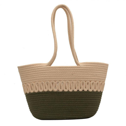 Colorblock Tweed Woven Shoulder Bag Large Capacity Straw Beach Handbag