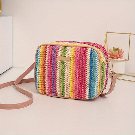 Colorful Straw Square Bag All Match Zipper Crossbody Bag Women's Niche Purse
