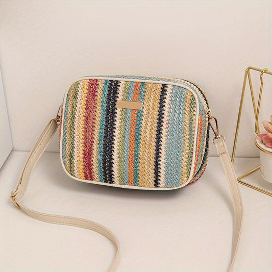 Colorful Straw Square Bag All Match Zipper Crossbody Bag Women's Niche Purse