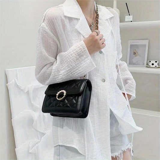 Quilted Flap Shoulder Bag Pearl Decor Square Handbag Women's