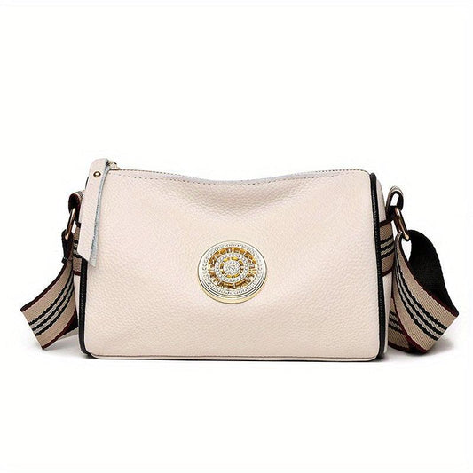 Stripes Wide Strap Shoulder Bag Glitter Rhinestone Decor Zipper Crossbody Bag