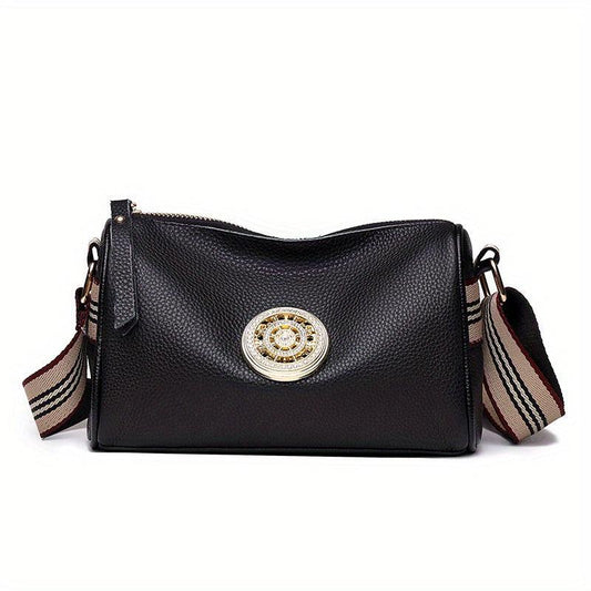 Stripes Wide Strap Shoulder Bag Glitter Rhinestone Decor Zipper Crossbody Bag