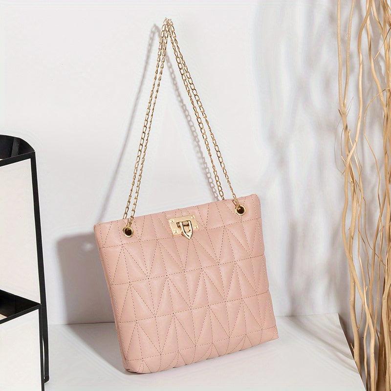 Quilted Chain Tote Bag Turn Lock Shoulder Bag Faux Leather Handbag