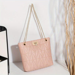 Quilted Chain Tote Bag Turn Lock Shoulder Bag Faux Leather Handbag