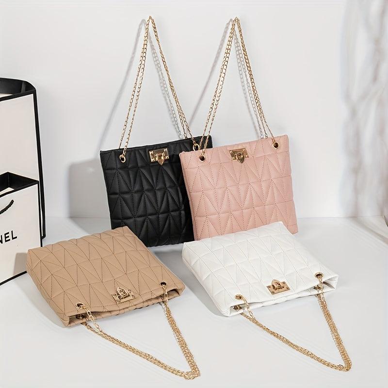 Quilted Chain Tote Bag Turn Lock Shoulder Bag Faux Leather Handbag