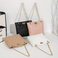 Quilted Chain Tote Bag Turn Lock Shoulder Bag Faux Leather Handbag