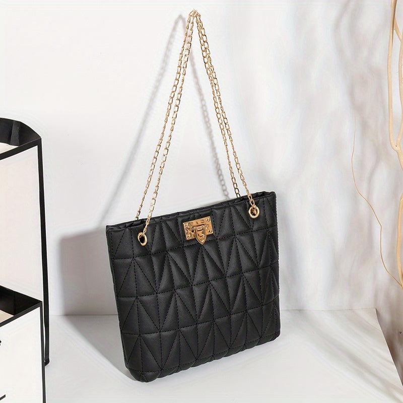 Quilted Chain Tote Bag Turn Lock Shoulder Bag Faux Leather Handbag