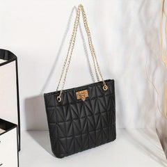 Quilted Chain Tote Bag Turn Lock Shoulder Bag Faux Leather Handbag