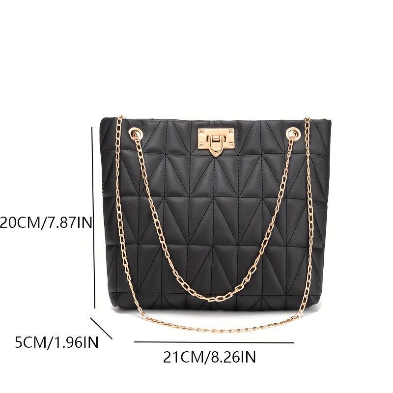 Quilted Chain Tote Bag Turn Lock Shoulder Bag Faux Leather Handbag