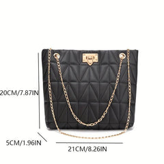 Quilted Chain Tote Bag Turn Lock Shoulder Bag Faux Leather Handbag