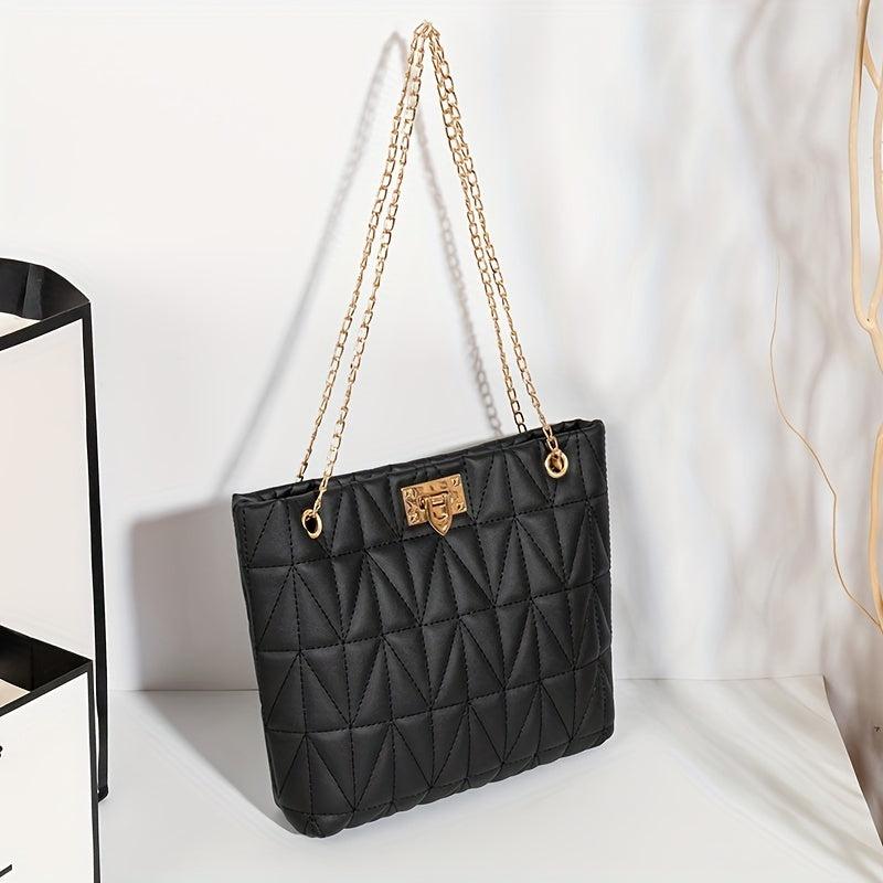 Quilted Chain Tote Bag Turn Lock Shoulder Bag Faux Leather Handbag