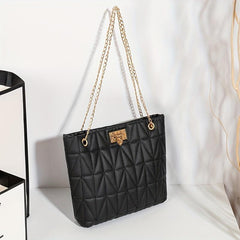 Quilted Chain Tote Bag Turn Lock Shoulder Bag Faux Leather Handbag