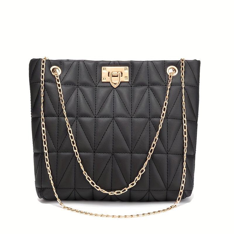 Quilted Chain Tote Bag Turn Lock Shoulder Bag Faux Leather Handbag