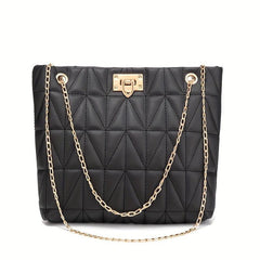 Quilted Chain Tote Bag Turn Lock Shoulder Bag Faux Leather Handbag