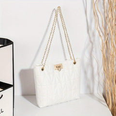 Quilted Chain Tote Bag Turn Lock Shoulder Bag Faux Leather Handbag