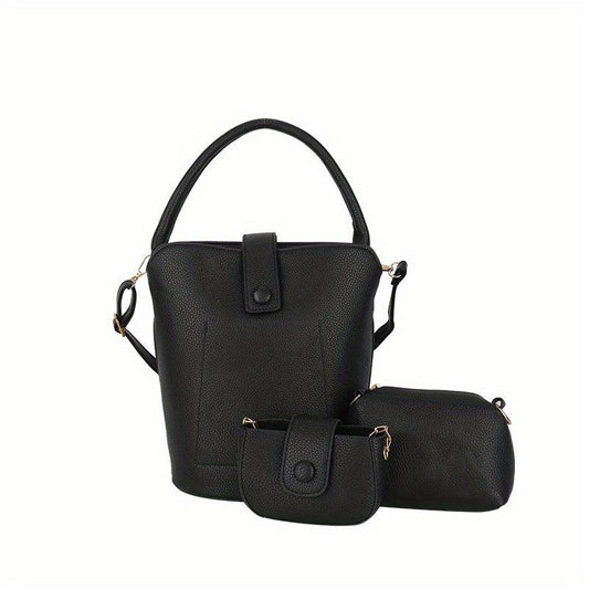 3pc Set Portable Handle Bucket Bag Magnet Zipper Handbag PU Leather