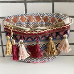Ethnic Tassel Waist Bag Argyle Fabric Crossbody Chest Purse