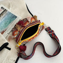Ethnic Tassel Waist Bag Argyle Fabric Crossbody Chest Purse