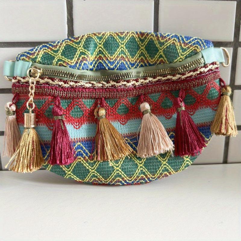 Ethnic Tassel Waist Bag Argyle Fabric Crossbody Chest Purse