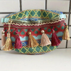 Ethnic Tassel Waist Bag Argyle Fabric Crossbody Chest Purse