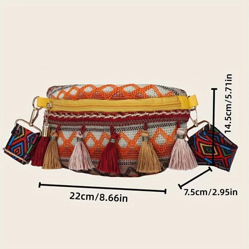 Ethnic Tassel Waist Bag Argyle Fabric Crossbody Chest Purse