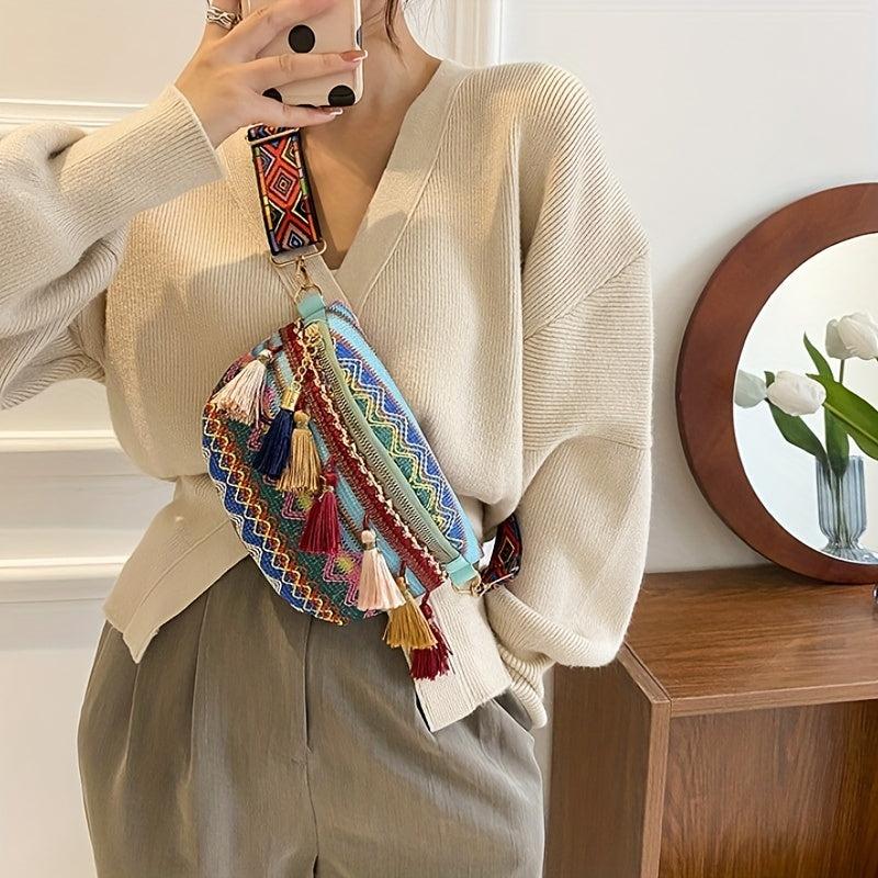 Ethnic Tassel Waist Bag Argyle Fabric Crossbody Chest Purse