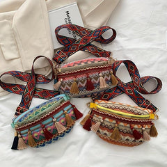 Ethnic Tassel Waist Bag Argyle Fabric Crossbody Chest Purse