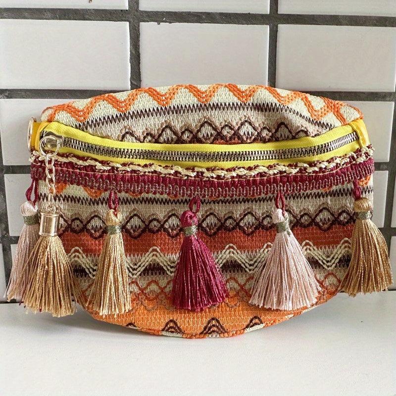 Ethnic Tassel Waist Bag Argyle Fabric Crossbody Chest Purse