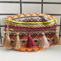Ethnic Tassel Waist Bag Argyle Fabric Crossbody Chest Purse