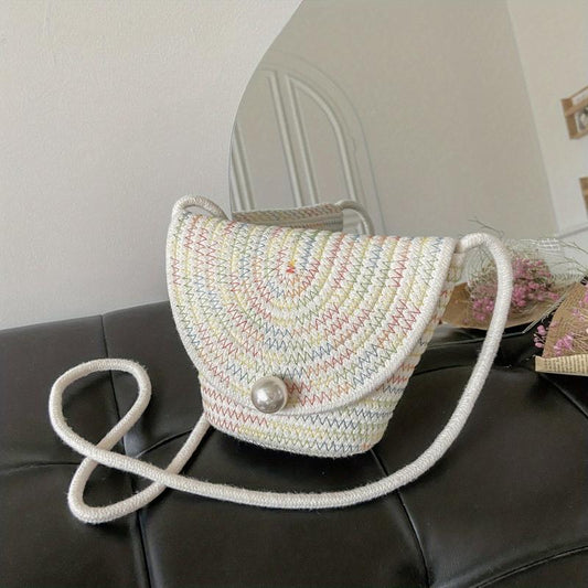 Faux Pearl Straw Bag Summer Beach Bucket Crossbody Purse