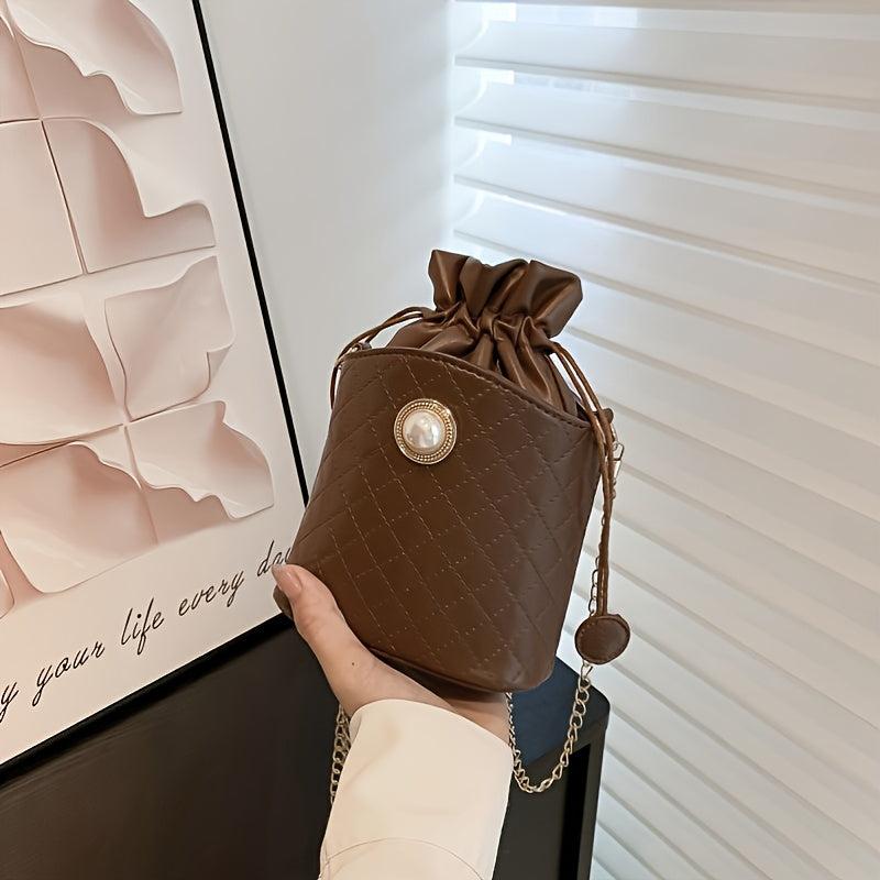 Argyle Pattern Bucket Bag Drawstring Crossbody Chain Bag