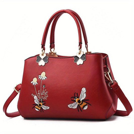 Flower Embroidered Handbags PU Crossbody Bag Women's Top Handle Satchel Purse