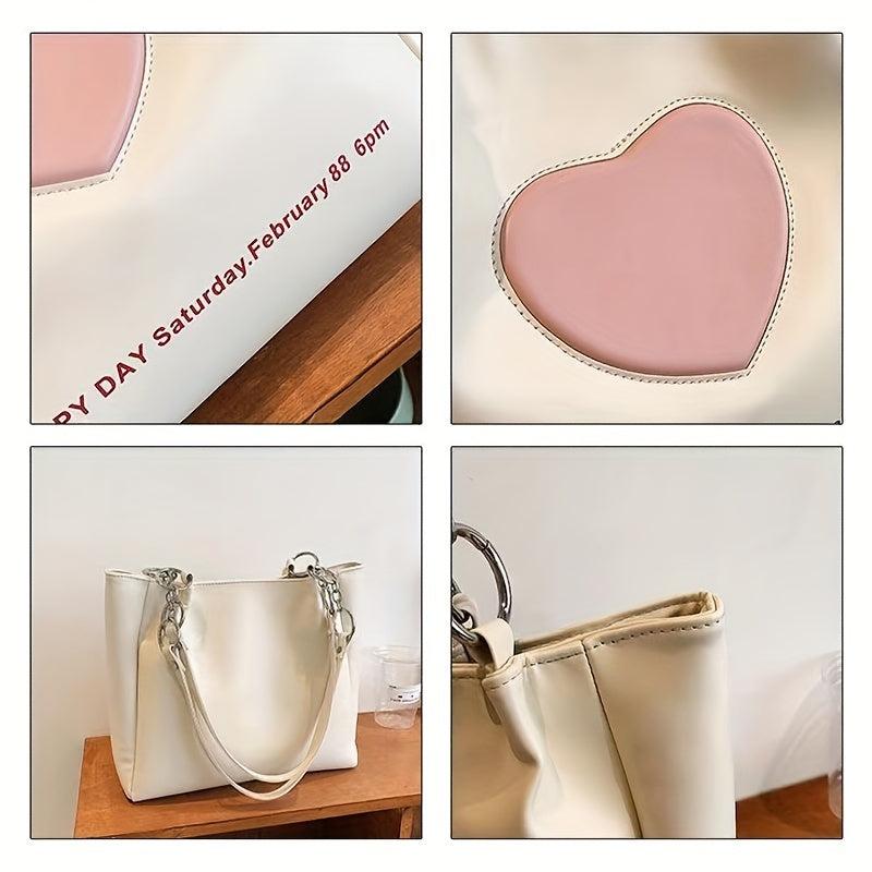 Y2K Heart Patch Tote Bag Chain Shoulder Bag