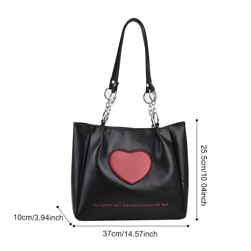 Y2K Heart Patch Tote Bag Chain Shoulder Bag