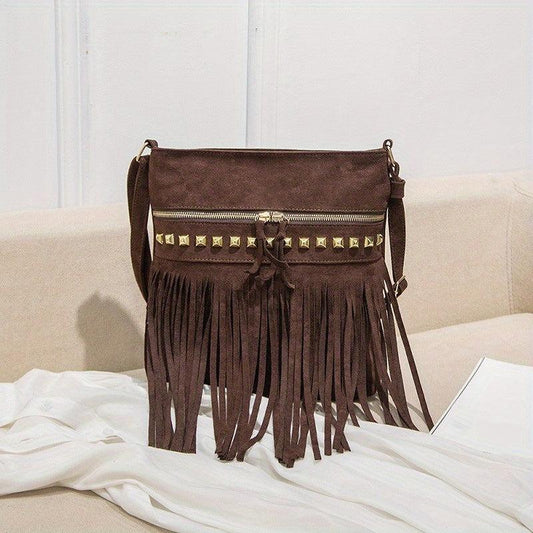 Vintage Suede Crossbody Bag Tassel Fringe Shoulder Bag Purse