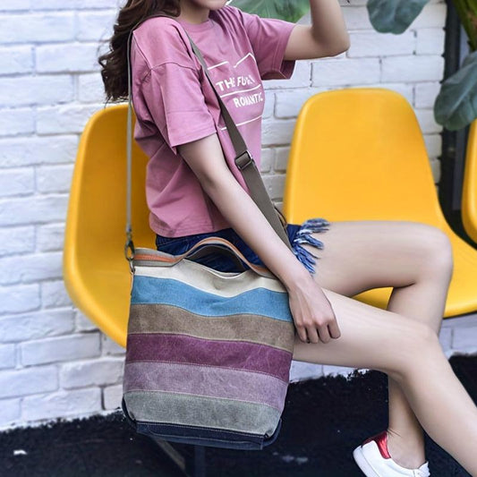 Vintage Colorful Striped Tote Bag Canvas Shoulder Bag Women's Handbag