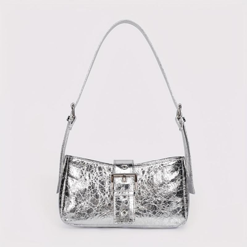 PU Leather Buckle Decor Shoulder Bag with Silver Zipper