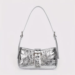 PU Leather Buckle Decor Shoulder Bag with Silver Zipper