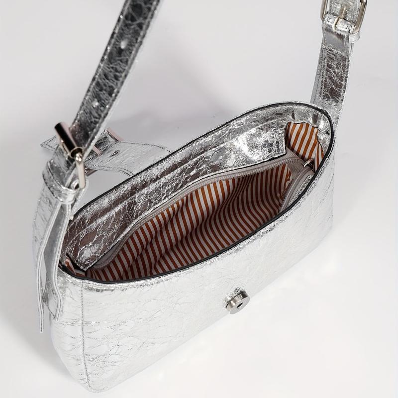 PU Leather Buckle Decor Shoulder Bag with Silver Zipper