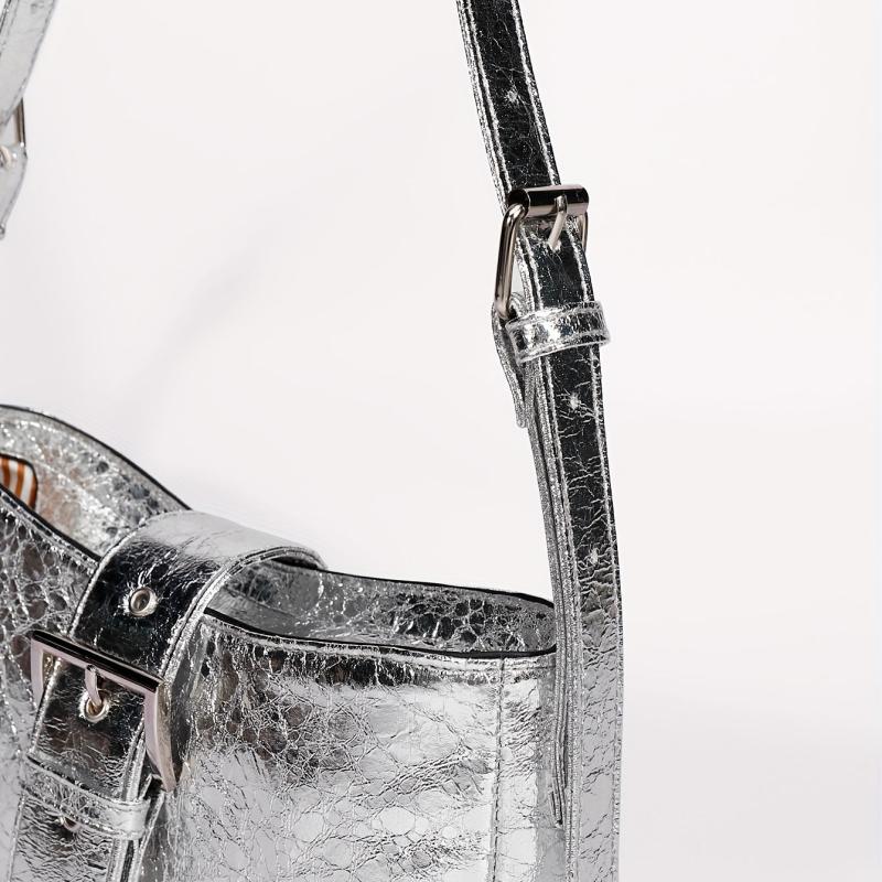 PU Leather Buckle Decor Shoulder Bag with Silver Zipper
