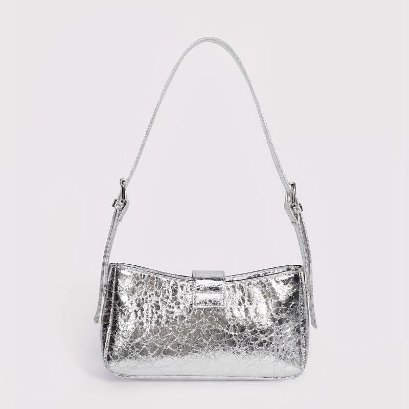 PU Leather Buckle Decor Shoulder Bag with Silver Zipper
